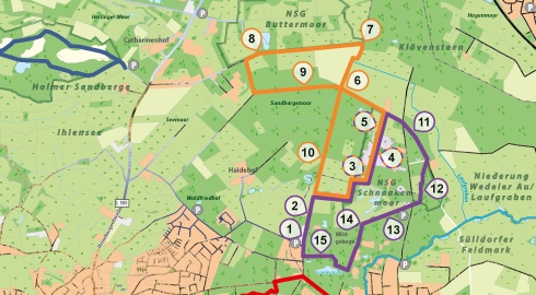 Karte mit Routen im Regionalpark Wedeler Au
